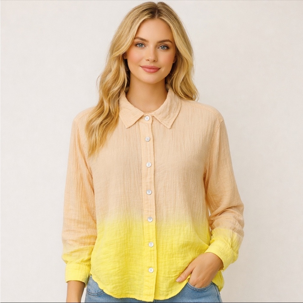 Electric & Rose Womens Farrah Sunset Gauze Button Up Khaki & Lemon Size XS